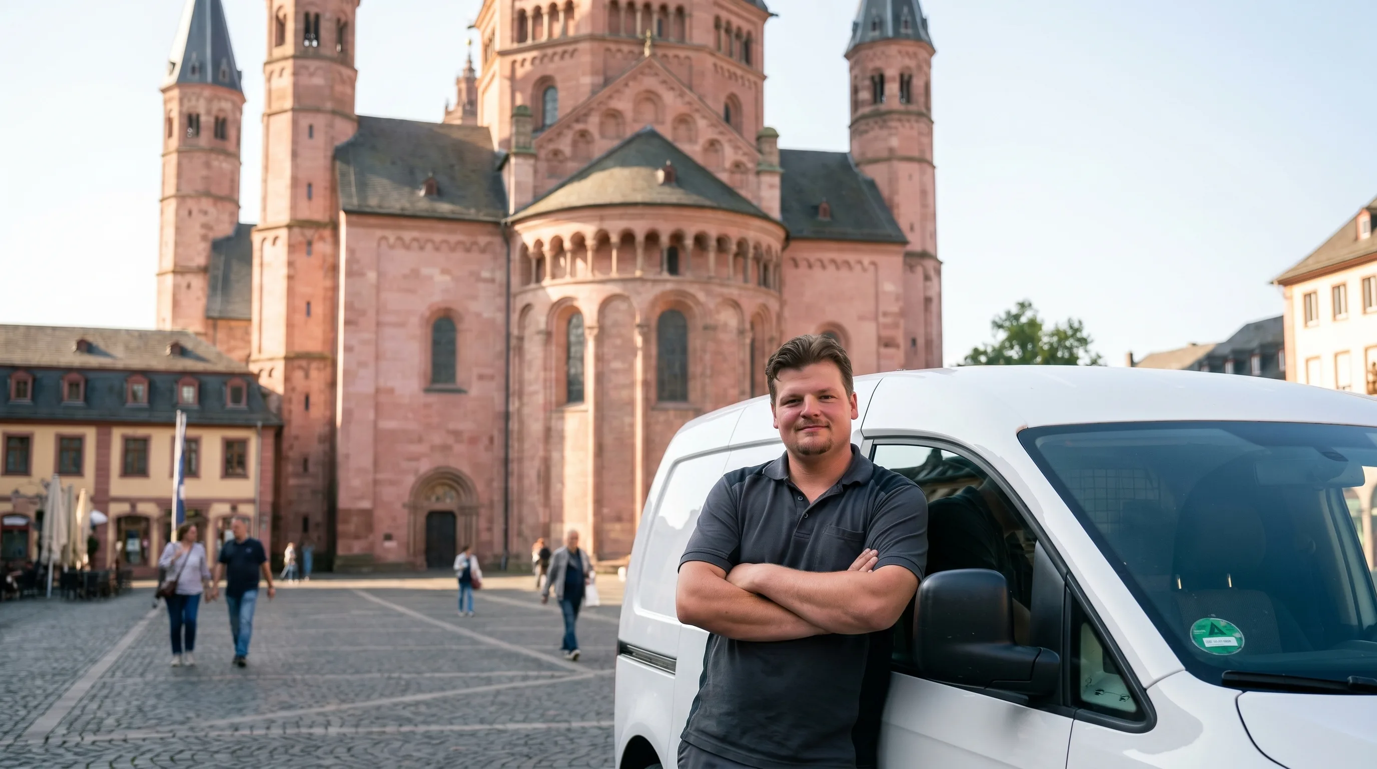 Jannik Jocher vor dem Mainzer Dom mit seinem Schlüsseldienst-Transporter im Abendlicht
