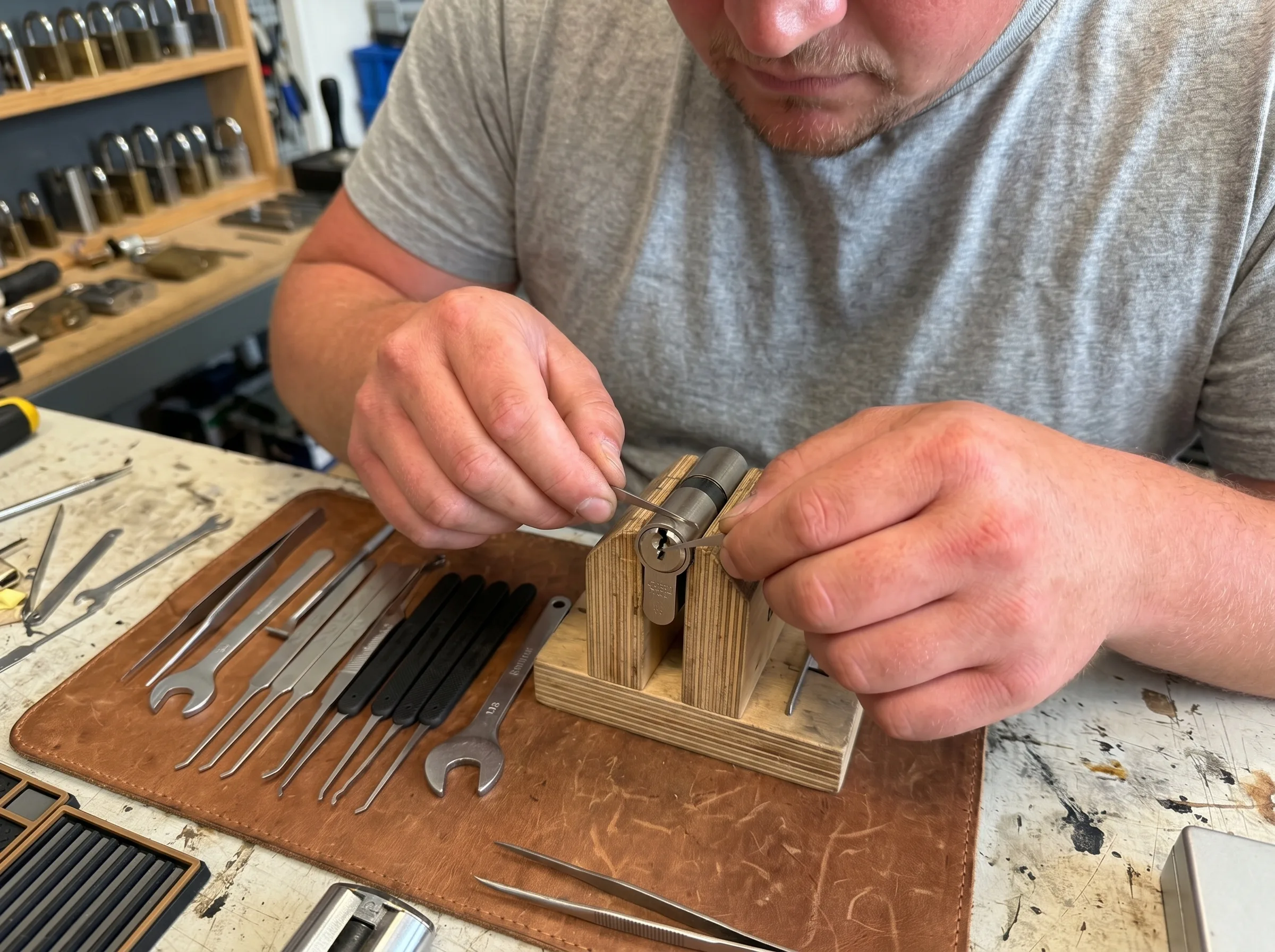 Jannik Jocher in der Werkstatt mit seinem Werkzeugset, Feintuning eines Schließzylinders
